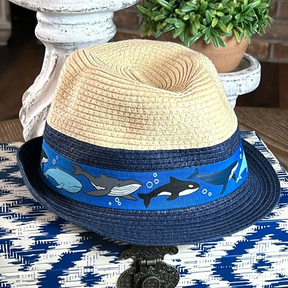 Little Boys Navy Blue & Tan Brown Straw Fedora Hat Whale Stripe